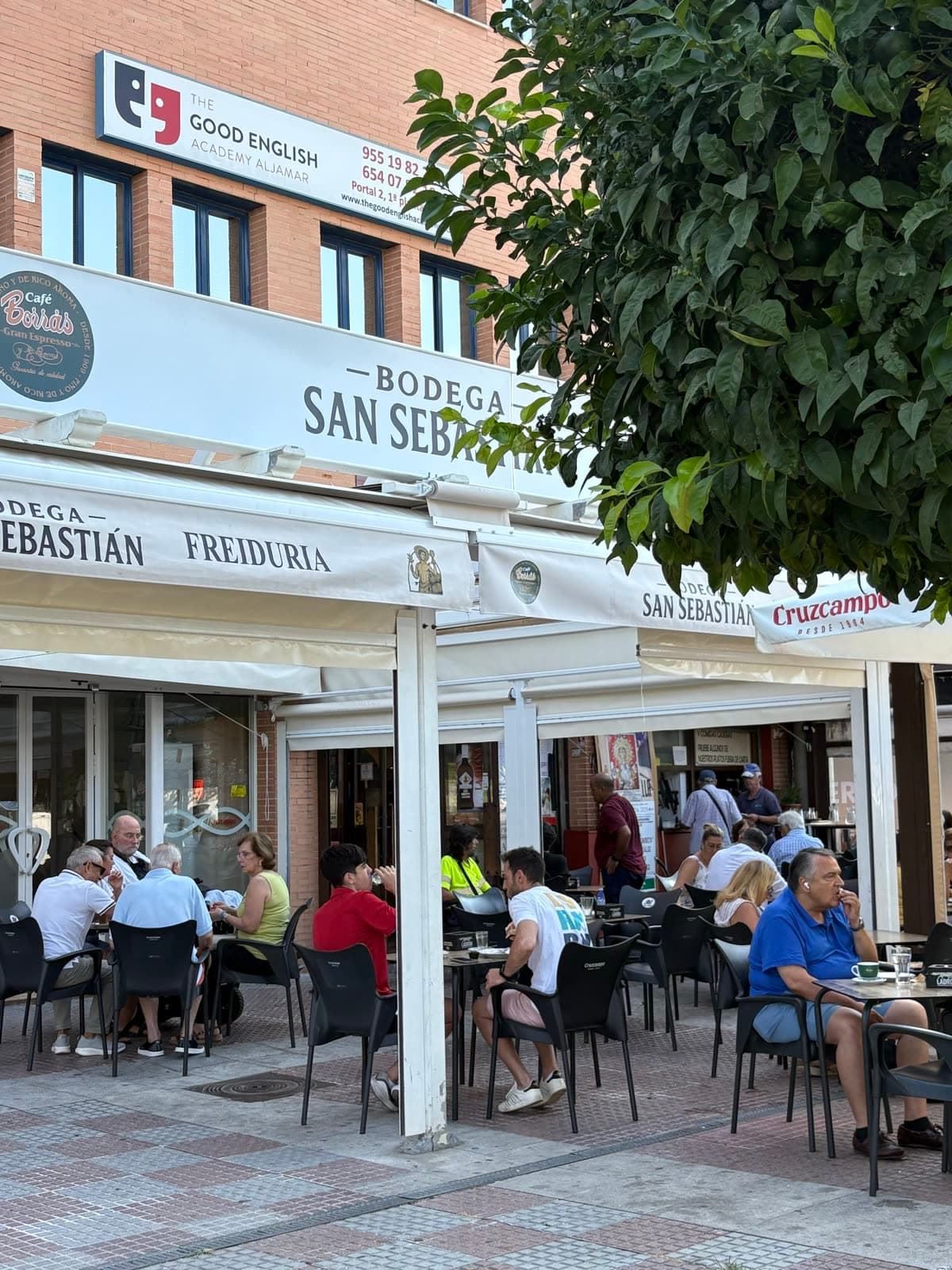 La fachada de Bodega San Sebastián por la mañana, con la terraza y el naranjo