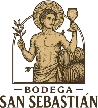 Logotipo de Bodega San Sebastián: el santo con una copa y barricas